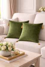 Perna decorativa verde olive cu ciucuri aurii