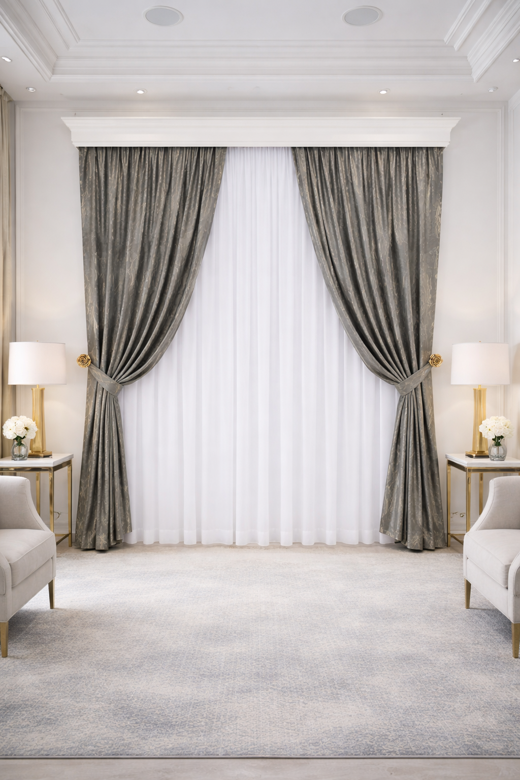 Elegant living room with silver-gray curtains Draperie Guernica in nuanta Gri G20 - imagine 1